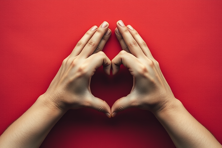 Create an image of two hands forming a heart between them with a textured red background, shot using a DSLR camera at f/2.8 aperture, ISO 100, 50mm lens, top-down view, and using a soft focus style for a warm, inviting feel.