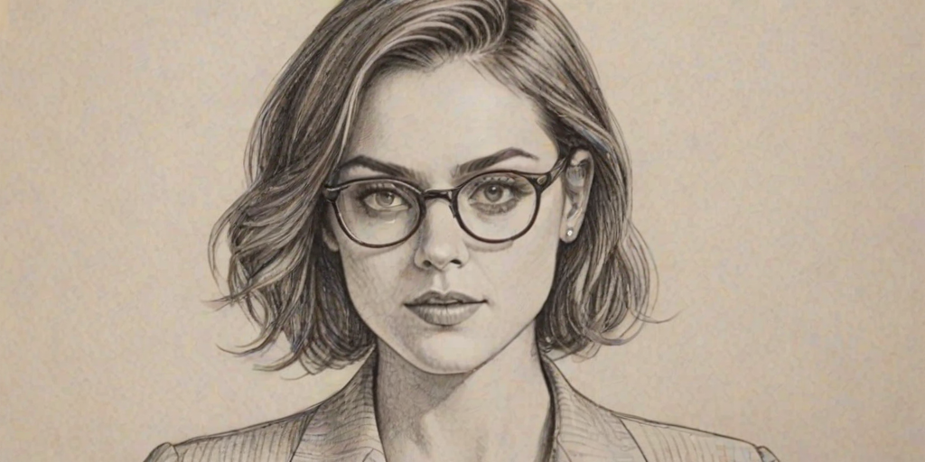 Appealing Jessica Stroup, pencil sketch, portrait of Fascinating woman 1946s in glasses, hair style beatnik, outline, clear lines, fine lines, 8k
