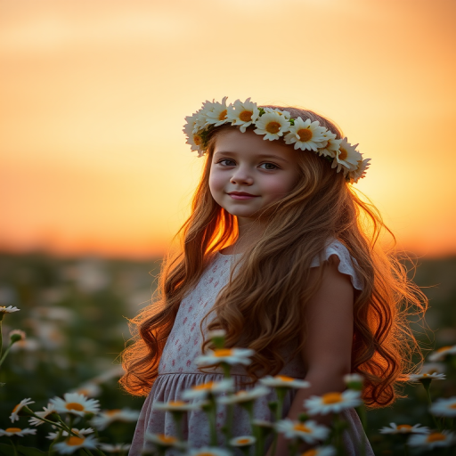 a young girl with long wavy hair wearing a floral crown stands in a field of daisies at sunset, warm golden light illuminating her figure, background blurred, aperture f/2.8, shutter speed 1/200s, ISO 100, shot from a low angle with a DSLR camera, soft focus style
