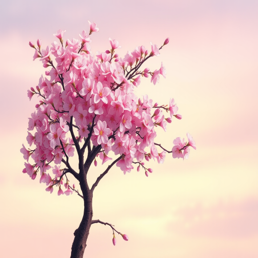 Create an illustration of a cherry blossom tree with vibrant pink and white flowers, set against a smooth gradient sky, using a digital painting technique, captured with a 50mm lens at f/8, ISO 100, natural light, with a soft-focus background for depth.