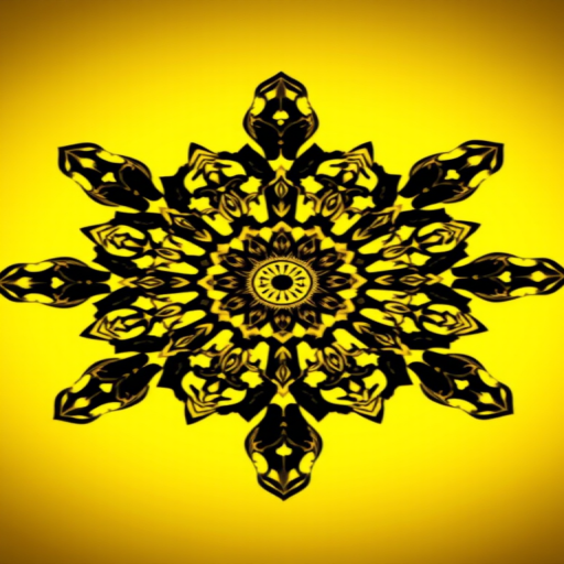 Generate a vibrant, symmetrical mandala with intricate patterns of black and gold against a bright yellow background, using a Canon EOS 5D Mark IV at f/8, 1/100s, ISO 100, in macro view for enhanced detail and clarity.
