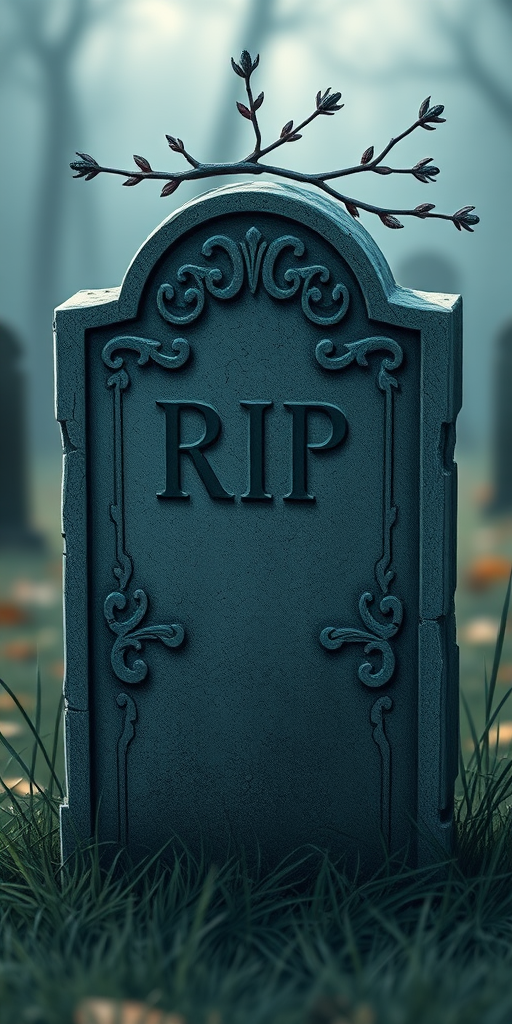 Create a detailed illustration of a gravestone with the inscription "RIP", featuring cracked edges and a branch on top, captured with a Canon EOS R5, 50mm lens, f/2.8 aperture, ISO 200, with a shallow depth of field and soft lighting for a moody effect.