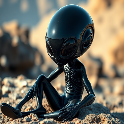 A futuristic alien humanoid with glossy black skin and large reflective eyes sitting on a rocky terrain, captured with a Canon EOS R5, 85mm lens, f/1.8, ISO 100, in soft natural light, focusing on sharp detail and rich colors.