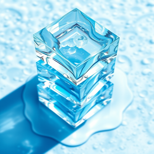 Create a vibrant and detailed illustration of three ice cubes stacked on each other with melting water beneath, using a DSLR camera with a 50mm lens, aperture set to f/2.8, ISO 100, and a shallow depth of field for a soft background blur, capturing a top-down view with bright, natural lighting.