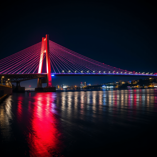 capture a vibrant night scene of a cable-stayed bridge illuminated with red and blue lights, with reflections on the water, using a DSLR camera with a 50mm lens, aperture f/1.8, ISO 100, shutter speed 2 seconds, in a wide-angle view to include surrounding city lights
