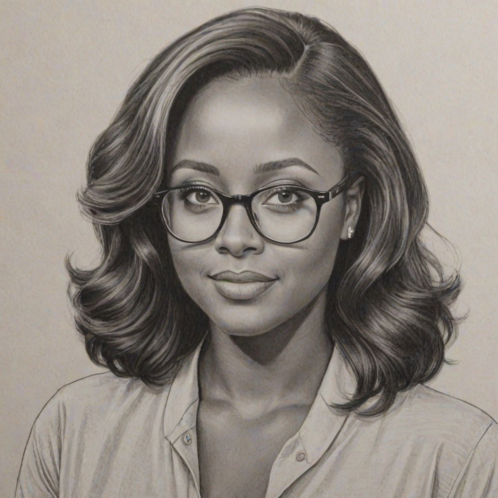 Splendid Keshia Knight Pulliam, pencil sketch, portrait of Wonderful woman 1955s in glasses, hair style beatnik, outline, clear lines, fine lines, 8k