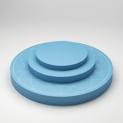 Create a high-resolution 3D render of a circular, tiered platform with a smooth blue surface and intricate geometric patterns, using a Canon EOS R5 with a 50mm lens, f/8 aperture, ISO 100, at a slight top-down angle with soft studio lighting for enhanced detail and depth.