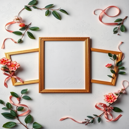 Create a vintage photo frame design featuring three empty frames surrounded by leaves, flowers, ribbons, and decorative swirls on a textured light background, shot with a DSLR camera at f/4 aperture, 50mm lens, natural lighting, and flat lay perspective.