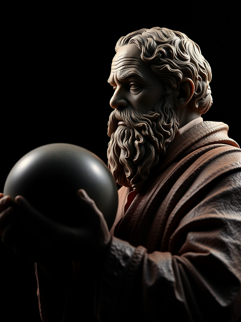 Create a highly detailed digital sculpture of an elderly philosopher holding a globe, illuminated with dramatic side lighting, using a DSLR camera with a 50mm lens, aperture set to f/1.8, ISO 200, and focal length of 50mm to achieve a shallow depth of field and rich textures against a black background.