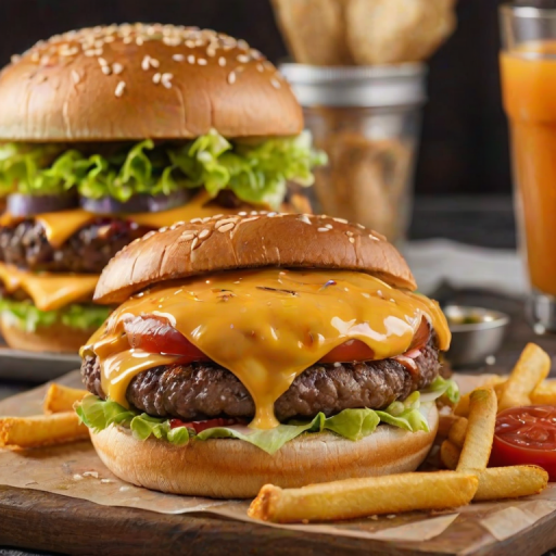 High-resolution, close-up image of a gourmet double cheeseburger. The burger features a glossy, sesame-seed-topped brioche bun. Inside, there are two thick, juicy beef patties, each topped with melted cheddar cheese. The burger is garnished with fresh lettuce, tomato slices, diced onions, and pickles. A generous amount of ketchup and a creamy, orange-colored sauce is dripping down the sides, adding to the mouth-watering appeal. In the background, there are blurred elements including a side of golden French fries and a hint of a beverage, enhancing the overall presentation of a delicious meal.