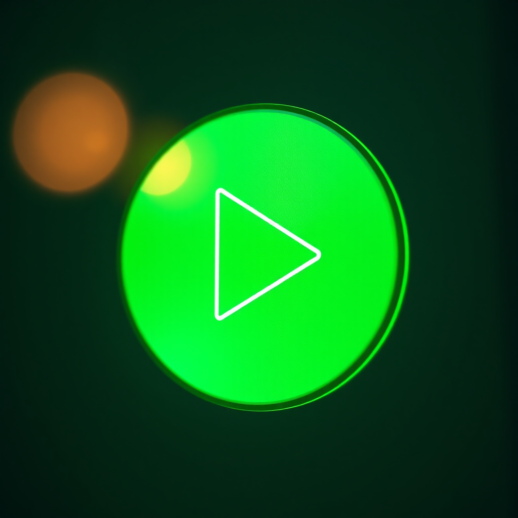 Create a high-resolution image of a green circular play button with a white arrow, soft lighting, ISO 100, aperture f/2.8, focal length 50mm, taken with a DSLR camera from a slightly elevated angle to enhance depth and contrast.