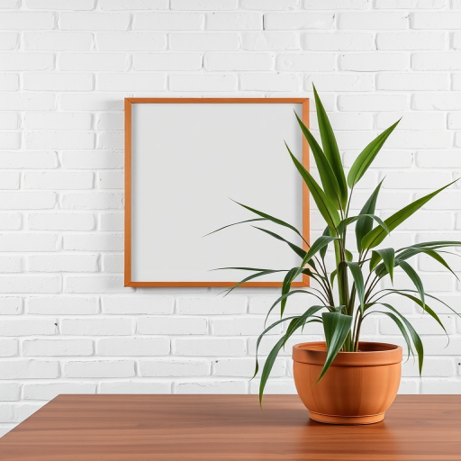 Generate a minimalist interior scene featuring a blank framed picture on a white brick wall beside a potted plant with long green leaves on a wooden table, captured with a DSLR camera at f/2.8, ISO 100, 35mm lens, shot from a low angle to create depth.