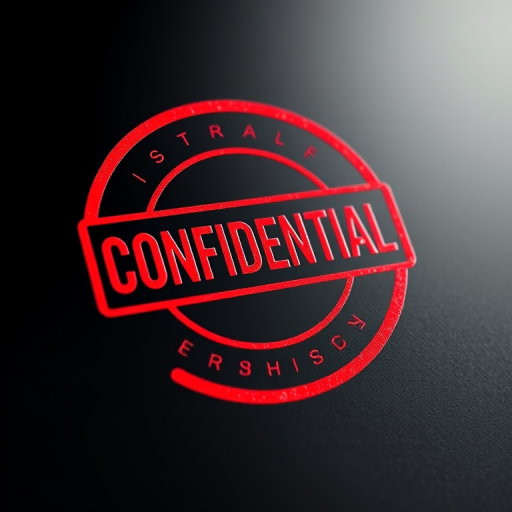Create a high-resolution image of a red confidential stamp on a black background, using a DSLR camera with a 50mm lens, aperture set to f/2.8, ISO 100, and a soft focus vignette effect for depth.