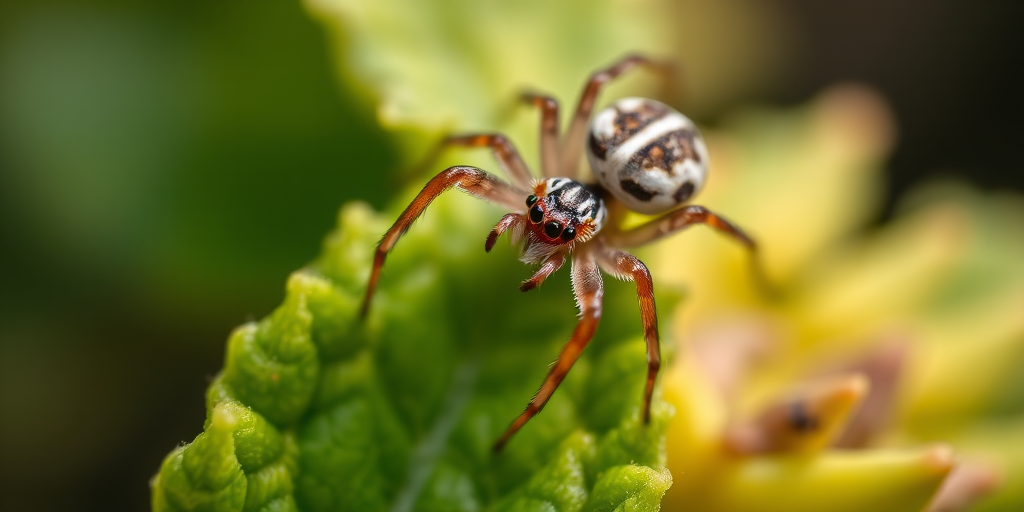 macro shot of a spider on green leaves with a shallow depth of field, f/2.8, ISO 100, 1/200 sec, 100mm macro lens, natural lighting, captured from an overhead angle to emphasize the spider's details and texture.