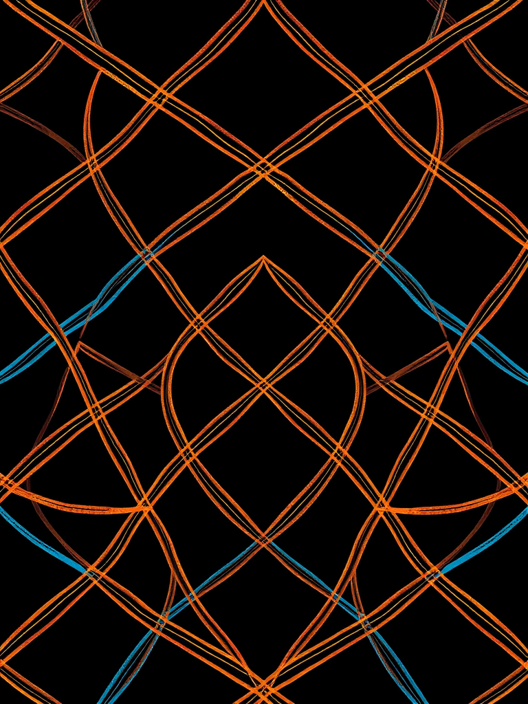 create a high-resolution seamless pattern featuring intricate interweaving lines in orange, gold, and blue against a black background, using a macro lens, f/8 aperture, 1/125s shutter speed, ISO 100, captured with a DSLR camera to enhance detail and clarity
