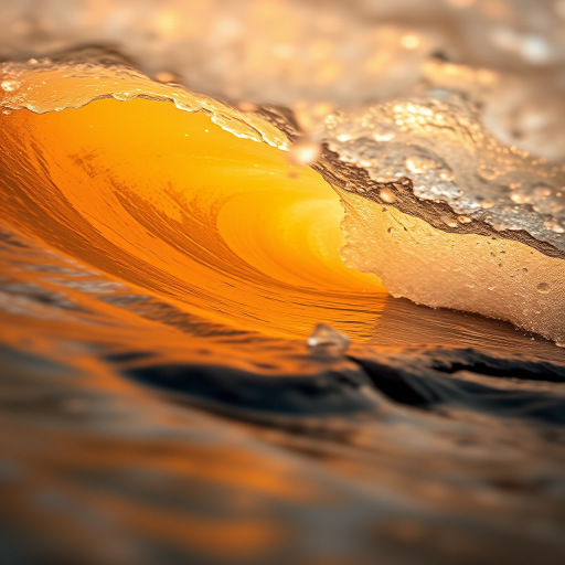 water wave crashing over a log with vibrant orange and yellow hues, taken with a Canon EOS 5D Mark IV, 50mm lens, f/8 aperture, ISO 100, 1/500 sec, low angle view, natural lighting, sharp focus, high dynamic range