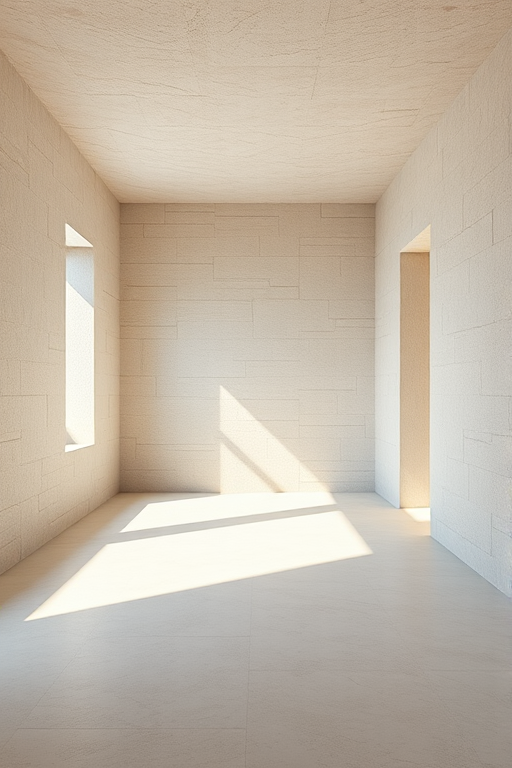 create a 3D rendering of a minimalist room with textured stone walls, soft natural lighting, shoot with a DSLR camera at f/8 aperture, ISO 100, 24mm lens, use a wide-angle perspective to capture the entire space