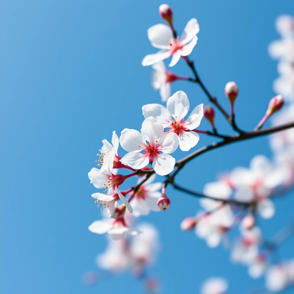 close-up of cherry blossom flowers against a clear blue sky, shot with a DSLR camera, aperture f/2.8, shutter speed 1/500s, ISO 100, using a 50mm lens, natural lighting, shallow depth of field