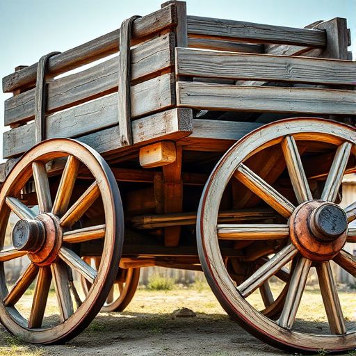 Create a highly detailed image of a rustic wooden cart with large wheels, captured from a low angle to emphasize its structure, using a DSLR camera with a 50mm lens at f/1.8, ISO 100, and a shutter speed of 1/200s in natural daylight.