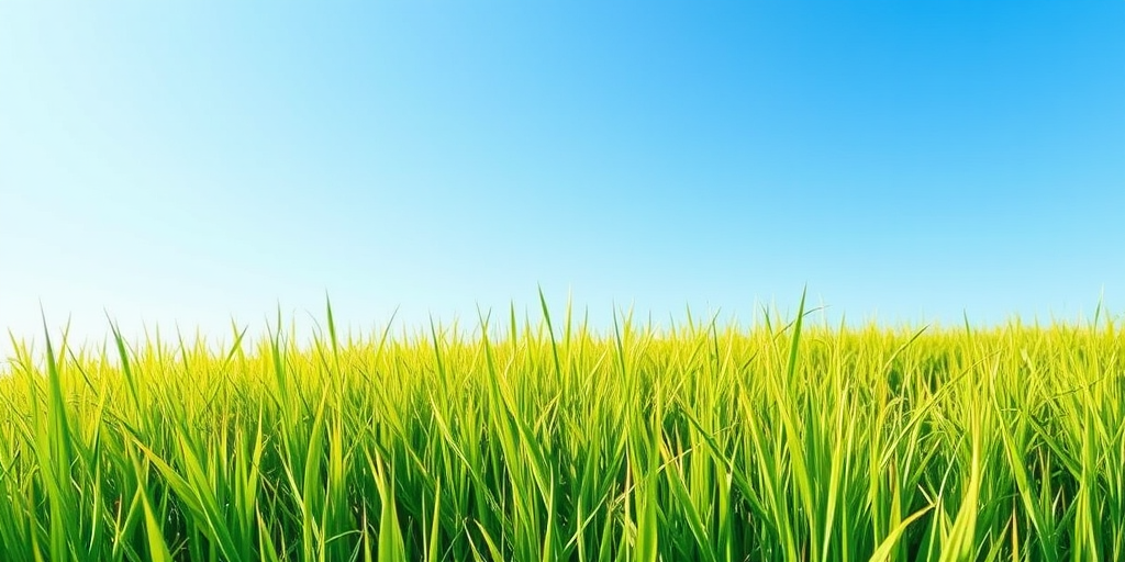Create a vibrant illustration of a lush green grass field under a clear blue sky, captured with a DSLR camera at f/8, 1/250 sec, ISO 100, using a wide-angle lens to showcase depth and clarity.