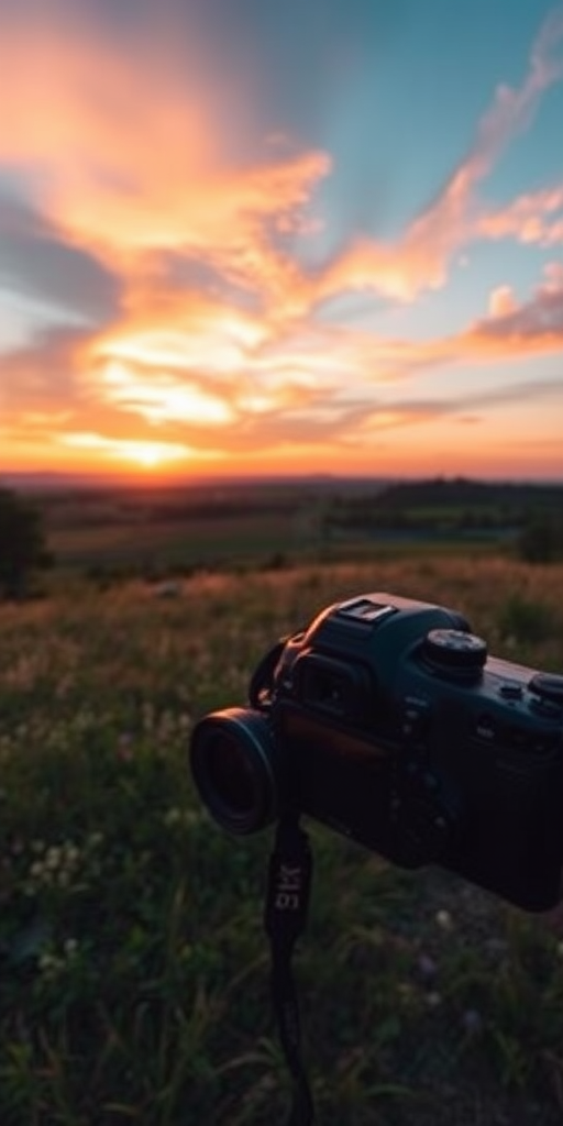 Create a high-resolution image of a serene landscape at sunset with vibrant colors in the sky, using a DSLR camera set to ISO 100, f/11 aperture, 1/250 second shutter speed, and a wide-angle lens capturing a panoramic view.