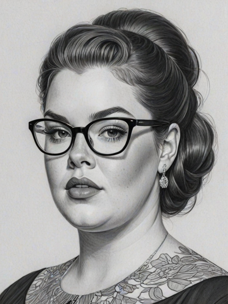 Sublime Tess Holliday, pencil sketch, portrait of Dazzling woman 1964s in glasses, hair style beatnik, outline, clear lines, fine lines, 8k