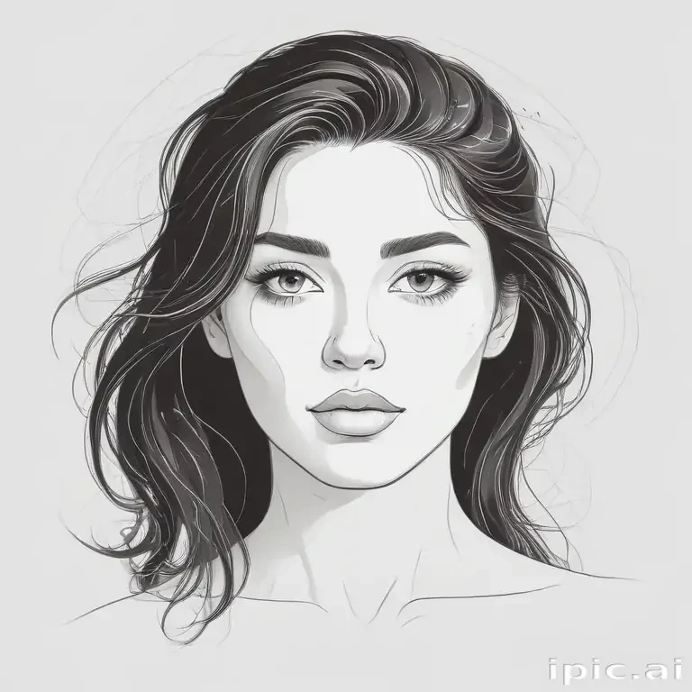 Stylized Portrait of a Young Woman with Flowing Hair and Striking Features