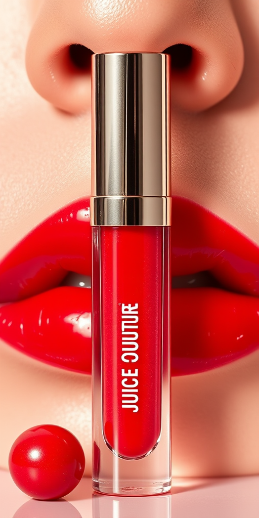 Glossy cherry red lip oil "Juicy Couture" providing intense hydration, a high-shine finish, and a subtle tint for a fresh and youthful appearance