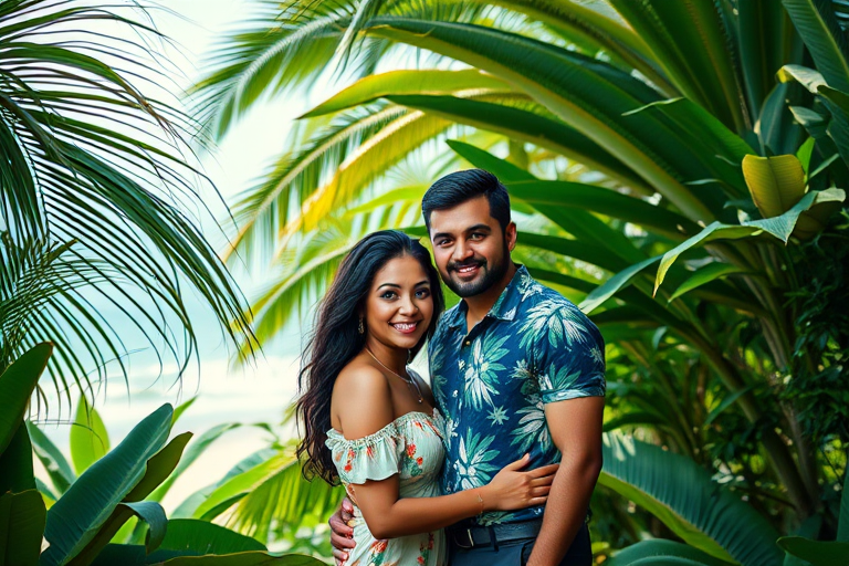 Create a vibrant tropical scene featuring a couple with lush greenery and a beach background, portrait orientation, capture natural lighting, use a Canon EOS R5, 50mm lens, aperture f/1.8, ISO 100, and soft focus for a dreamy effect.