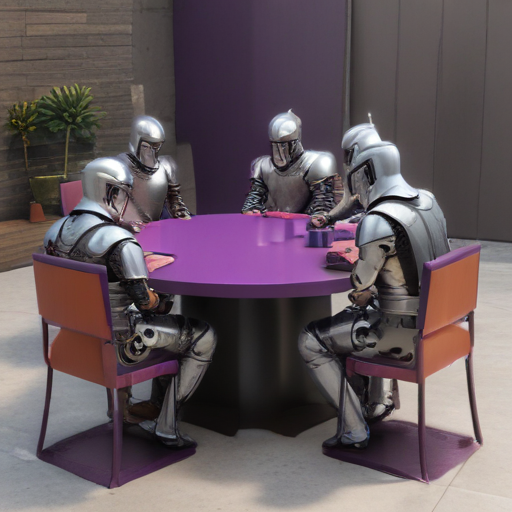 a round purple table in the middle were knights are sitting around ...