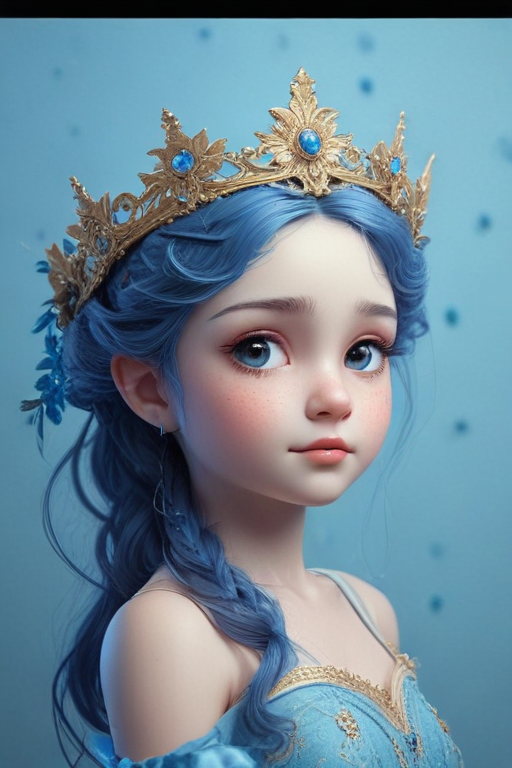 Enchanting Portrait of a Young Princess with Blue Hair and Crown
