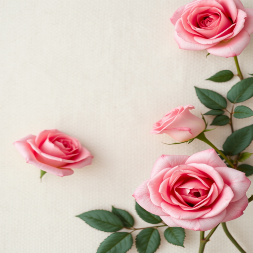 Create a soft-focus floral border design with delicate pink roses on a textured beige background, using a DSLR camera with a 50mm lens at f/1.8, ISO 100, and a wide-angle view to enhance detail and depth.