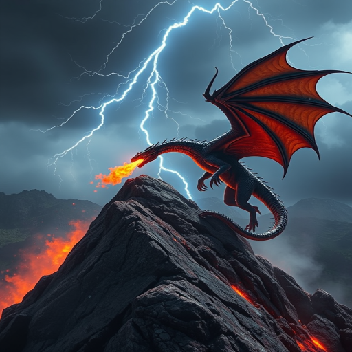 Create a realistic, high-definition image of a fierce dragon perched on a rocky mountain peak, breathing fire, with dramatic lightning striking the sky, using a DSLR camera with a 50mm lens, f/1.8 aperture, ISO 200, 1/1000 sec shutter speed for clarity and depth.