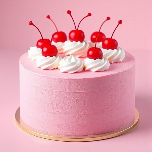 Create a highly detailed 3D render of a pink cake with five white frosted dollops and red cherries on top, sliced to show the interior layers, using a DSLR camera with an aperture of f/1.8, ISO 100, and a 50mm lens, set in a well-lit studio environment to enhance color and texture.
