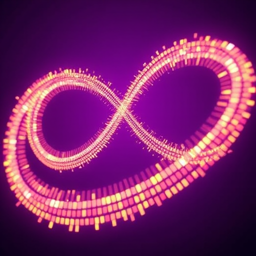 Create an abstract digital art image of an infinity symbol composed of glowing pixels on a deep purple background, captured with a digital camera, f/2.8 aperture, 50mm lens, ISO 100, and a long exposure effect to enhance light and texture.