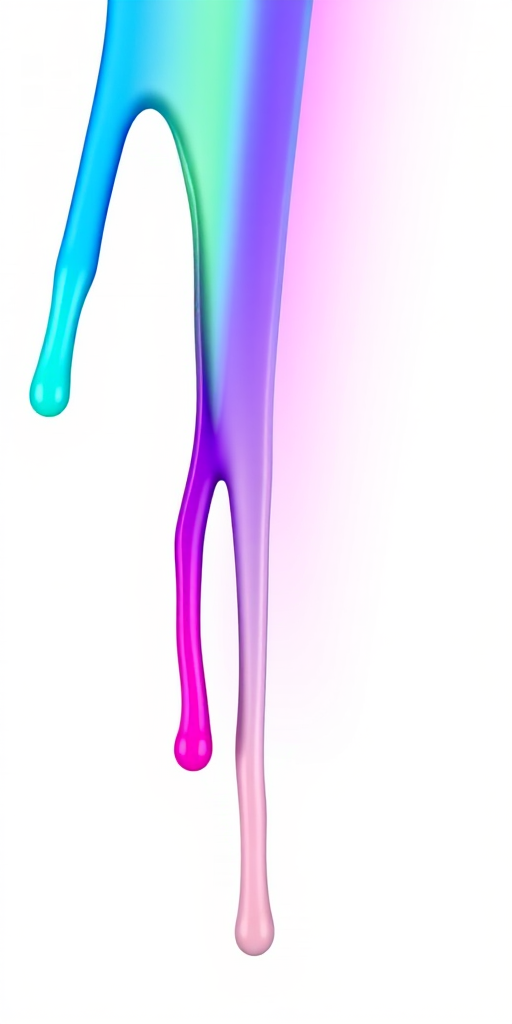 Create a vibrant drip effect with a gradient flowing from blue to purple to pink to green against a white background, using a DSLR camera set to f/8, ISO 100, 50mm lens, in a macro view to enhance detail and color saturation.