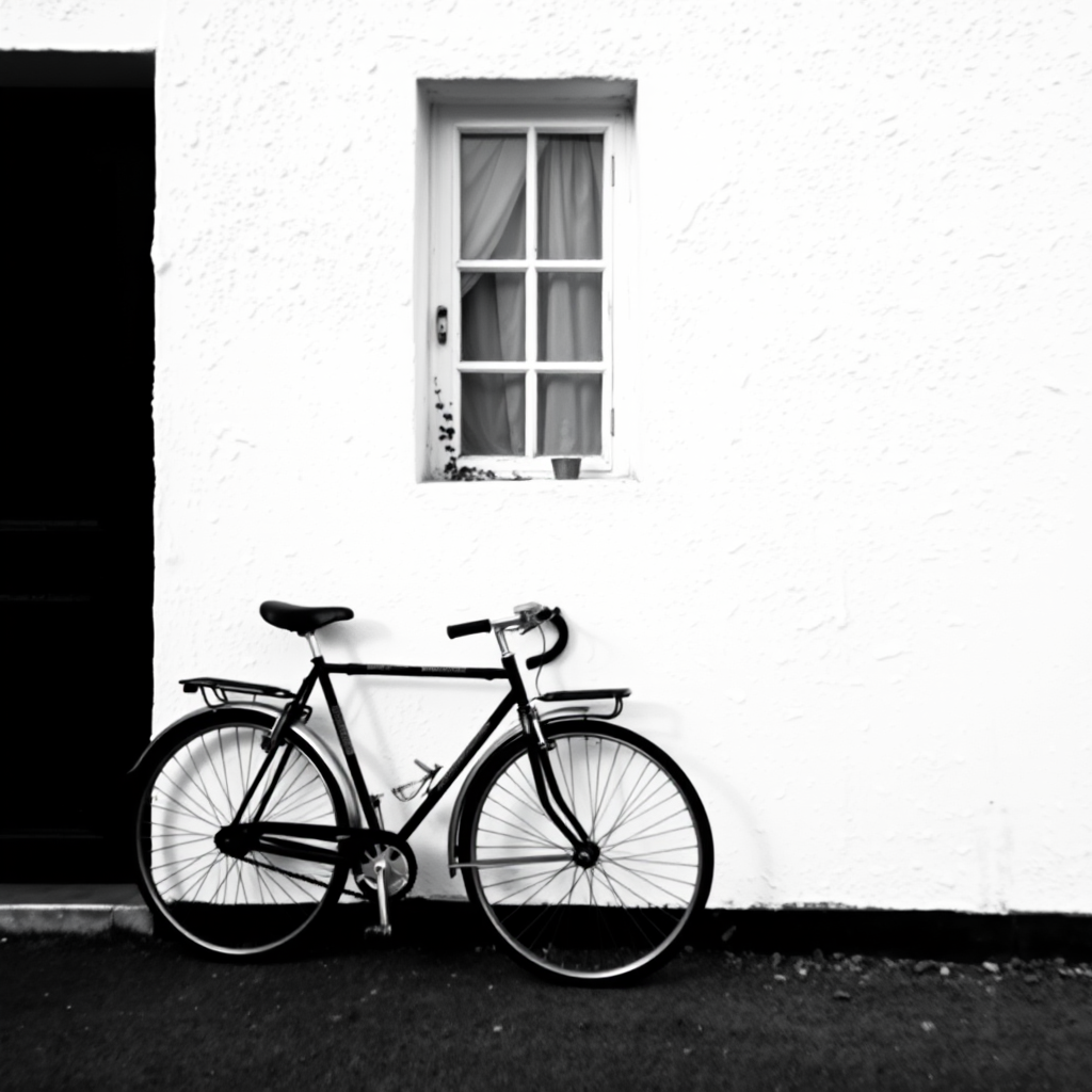a vintage bicycle leaning against a textured white wall with a small window, black and white, 50mm lens, f/2.8 aperture, ISO 100, natural light, shallow depth of field, DSLR camera