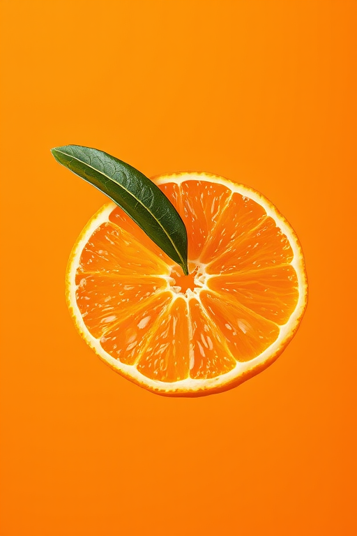 Create an image of a sliced orange with a leaf on top, floating against an orange background, using a DSLR camera set to f/2.8 aperture, ISO 100, and a focal length of 50mm, in a macro photography style.