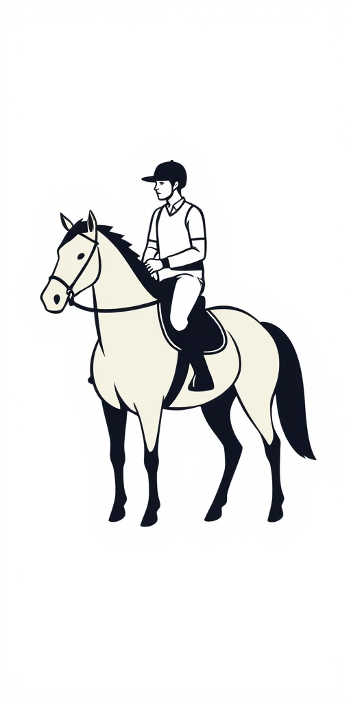 Create a high-resolution vector image of a simple, stylized icon depicting a rider on a horse, using a 50mm lens at f/2.8, with a clear, flat layout view in a minimalist design style.