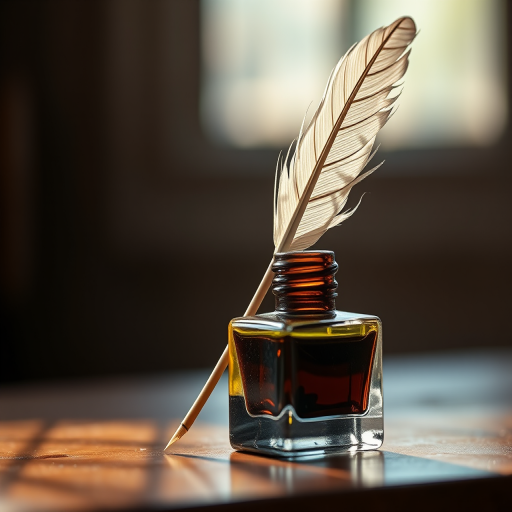 Create a highly detailed image of a vintage ink bottle with a quill resting in it, using a DSLR camera at f/2.8 aperture, ISO 100, 50mm lens, natural lighting, shallow depth of field, and a soft focus background for enhanced clarity and aesthetic appeal.