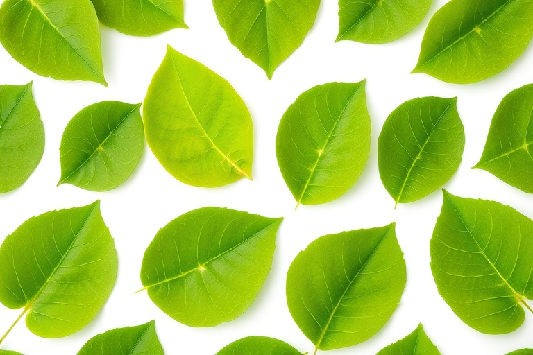 Create a seamless pattern of green leaves on a white background, using a Canon EOS 5D Mark IV, 50mm lens, f/2.8 aperture, 1/125 sec shutter speed, and ISO 200, with a soft, natural light to enhance texture and detail.
