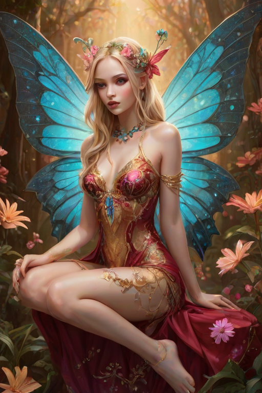 A digital artwork features a winged fairy with delicate Cerise butterfly wings, adorned with intricate Cyan andAuburn patterns. She is seated on a vibrant Sepia flower, wearing a revealing red two-piece outfit with sparkling beadwork. Her fair skin, long blonde hair, and gold jewelry add to her ethereal appearance. The background is a warm, golden gradient, creating a magical atmosphere. Small glowing orbs and sparkles surround the flower, enhancing the enchanting, highly detailed, and realistic scene.
