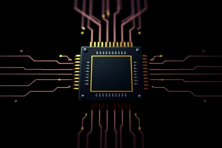 Create an image of a stylized microchip with circuit lines radiating outward, set against a solid black background, using a DSLR camera with a 50mm lens, aperture f/1.8, ISO 100, and a shallow depth of field for enhanced clarity.