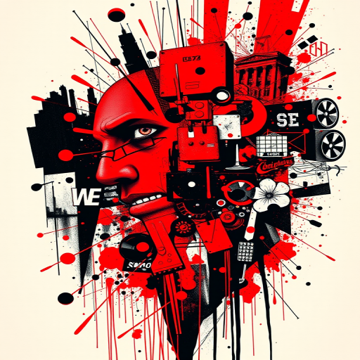 Trash polka tattoo named "Urban Symphony" blending chaotic abstract elements with realistic imagery in a bold red and black color scheme for a striking graphic effect