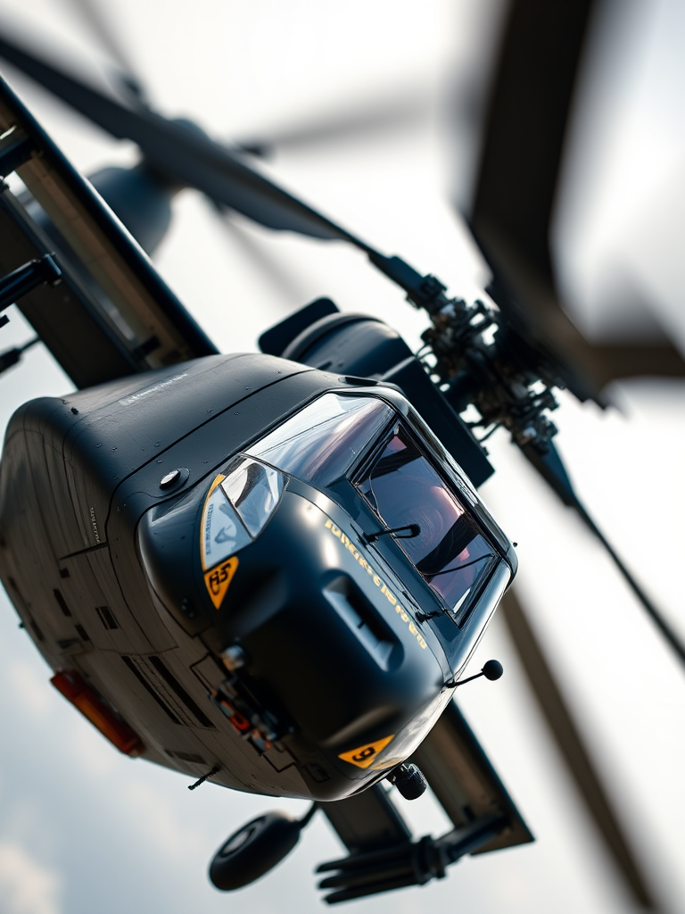 Capture a close-up shot of a military helicopter in flight with vibrant details, using a DSLR camera with a 50mm lens, aperture set to f/2.8 for a shallow depth of field, shutter speed at 1/1000s to freeze the motion, and ISO 200 for clear, sharp images.