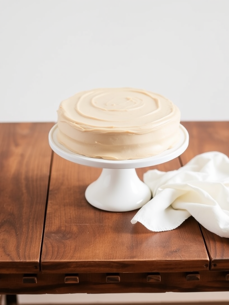 A simple round cake with smooth beige frosting on a white cake stand set on a rustic wooden table with a soft white cloth nearby against a light background.