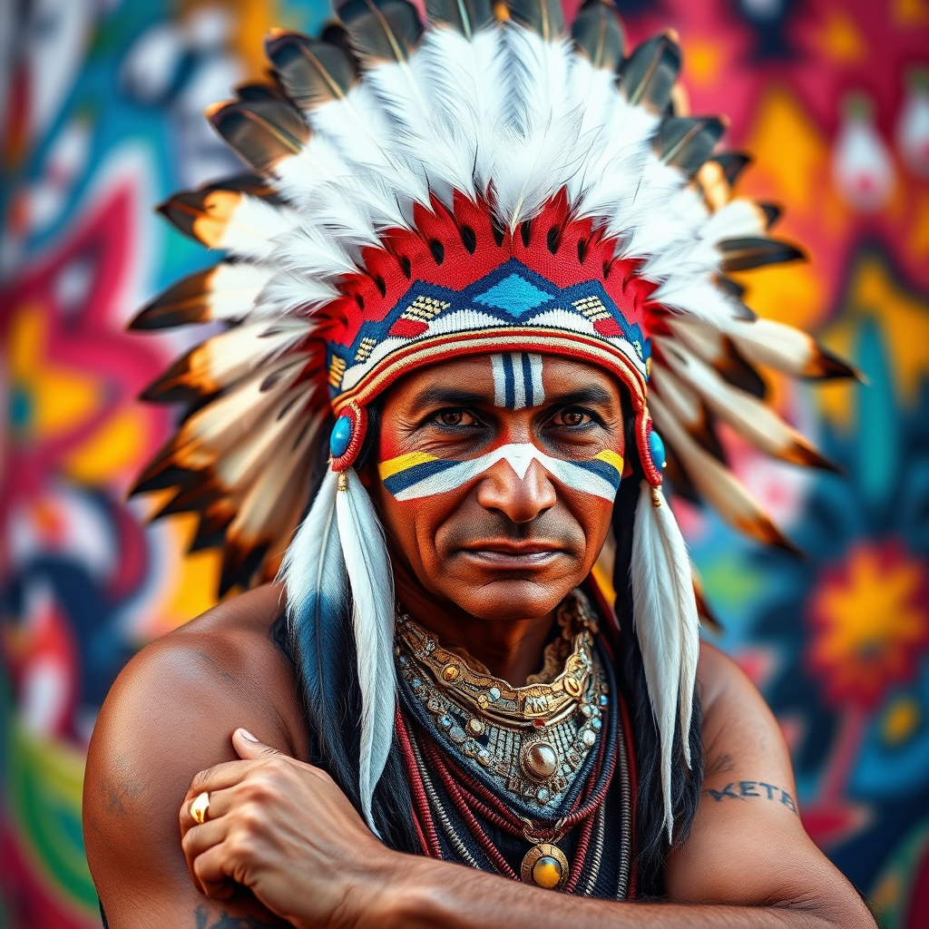 Create a vibrant and dynamic portrait of a Native American man wearing a traditional feather headdress, with colorful face paint, in a dramatic pose conveying strength and spirit, using a DSLR camera, 50mm lens, f/1.8 aperture, ISO 100, and shooting in natural light against a colorful abstract background with soft bokeh effects.