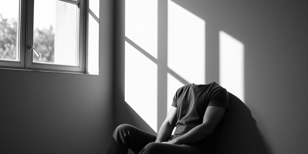 Create a black and white portrait of a person sitting against a wall with soft natural light streaming through a window casting shadows, captured with a Canon EOS R5 at f/1.8, ISO 100, 1/200s, with a shallow depth of field and a cinematic style.