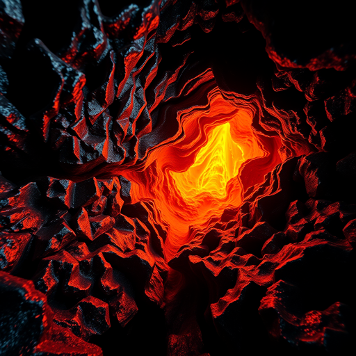 Generate a high-resolution 3D abstract image of a dark cavern with bright orange luminescence contrasting against intricate silver structures, using a DSLR camera at f/8 aperture, ISO 100, shutter speed 1/60 seconds, in a wide-angle lens style with a low-angle view for depth enhancement.