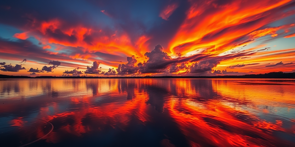 A vibrant sunset over a tranquil lake reflecting colorful clouds, captured with a Canon EOS R5 at f/8, ISO 100, 1/200 sec, wide-angle lens, HDR style, with a focus on enhancing the color saturation and clarity.